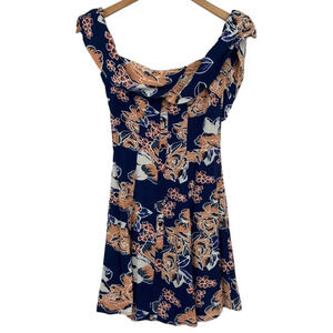 Lovers + Friends‎ Vineyard Floral Dress Womens XS Blue Off The Shoulder Pleated